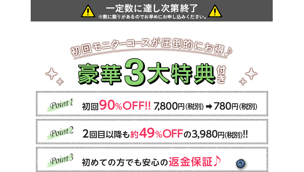 毎月300名様限定!! 初回モニターコースが圧倒的にお得♪豪華3大特典 point1 初回90%OFF!!7,800円(税別)→780円(税別) point2 2回目以降も約49%OFFの3,980円(税別)!! point3 はじめての方でも安心の返金保証♪